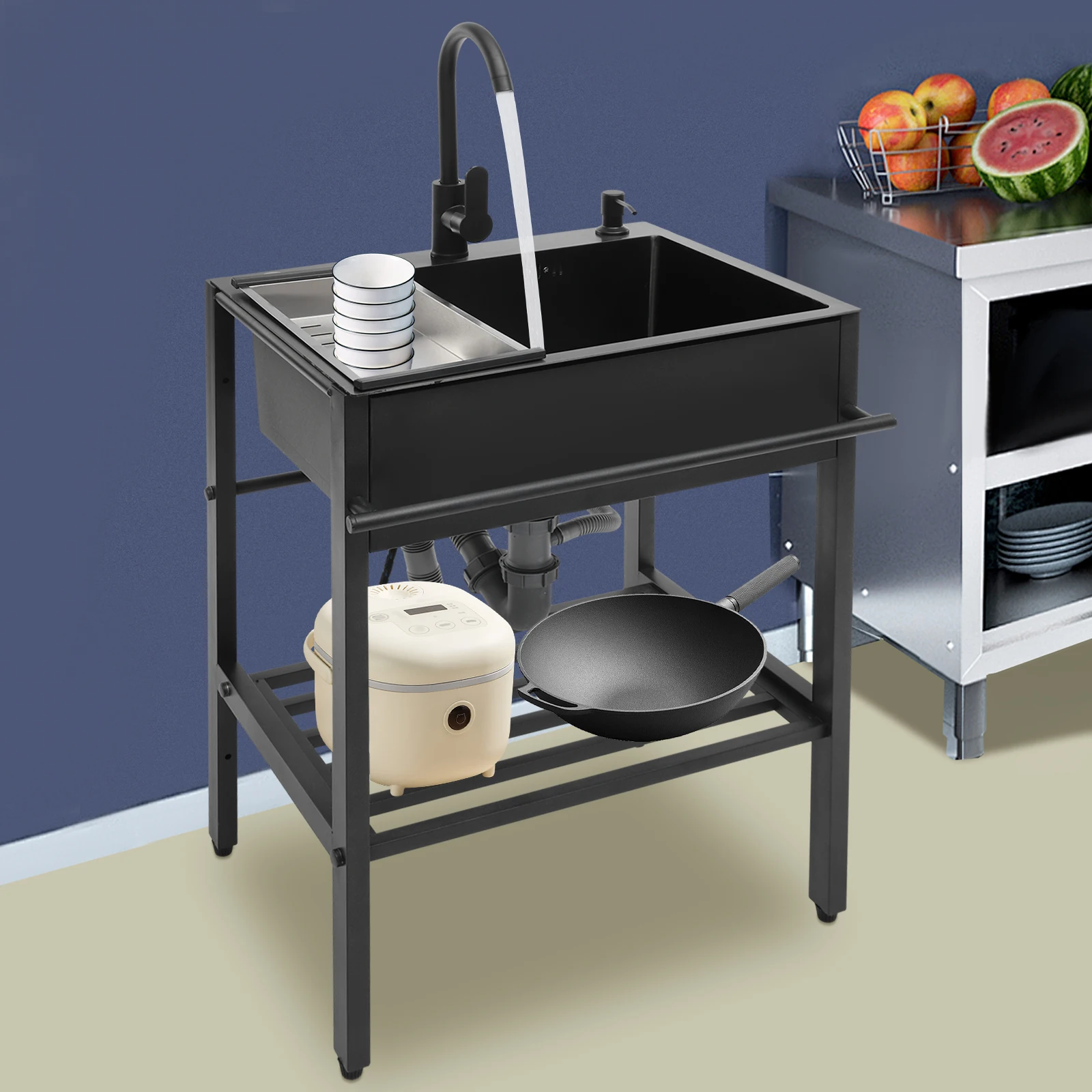 Modern Freestanding Rectangular 201 Stainless Steel Kitchen Sink Set Black 60x45x86cm with Accessories