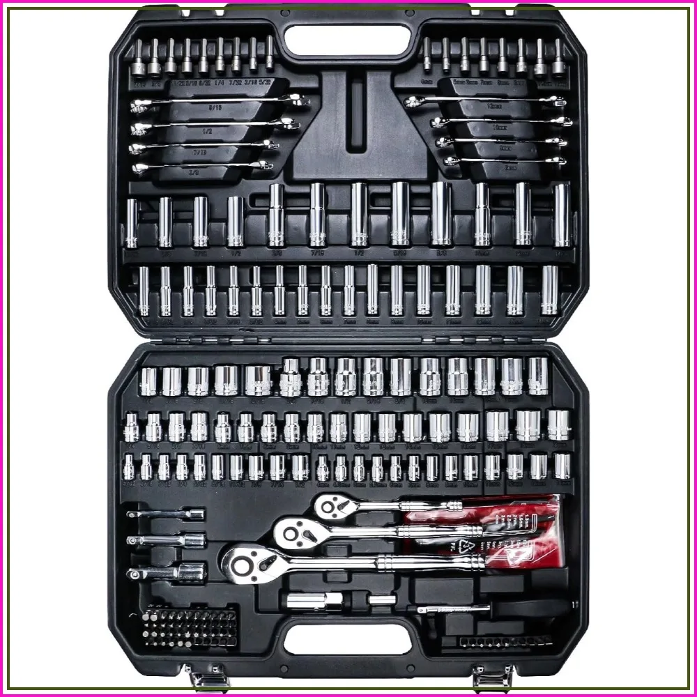 

202-Piece Mechanics Socket Set, 1/4, 3/8, 1/2 Inch Drive, Metric & SAE