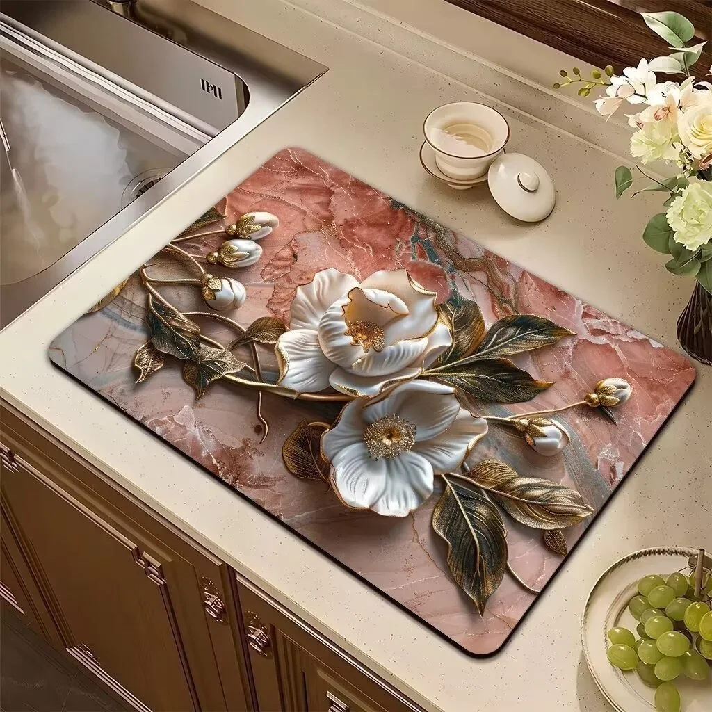 Absorbent Mat Pink Plant Flower Rose Draining Mat Kitchen Tableware Drying Tableware Non-slip Carpet Tableware