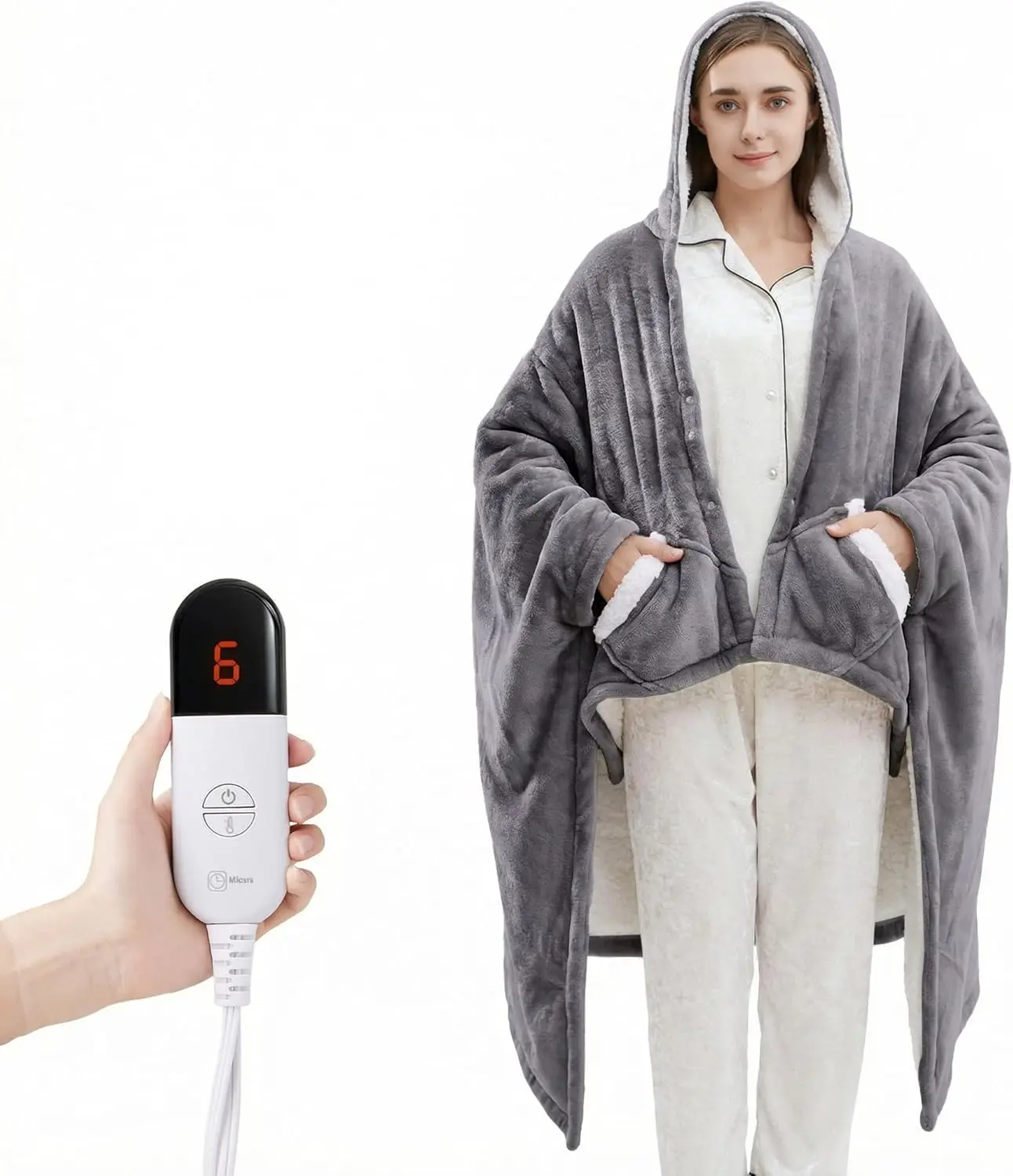 Manta Térmica Portátil con Bolsillo para los Pies y Mangas, 7 Niveles de Calor y Temporizador de Apagado Automático