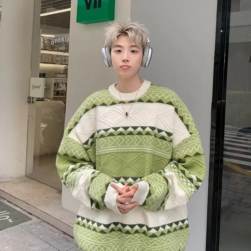 

Мужской трикотаж оверсайз с круглым вырезом в полоску в стиле пэчворк, осень-зима, длинный свитер-свеч, винтажный повседневный свитер...