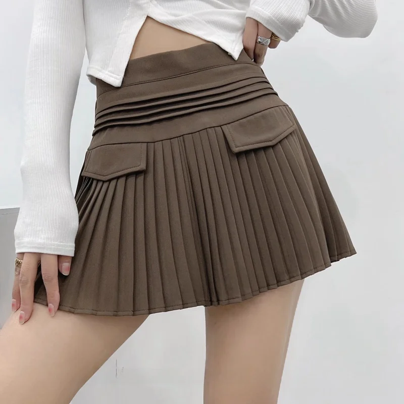 High Waist Pleated  Skirt Fake ket Anti Exposure a Line Skirt Retro Commute Pure Color Spring  Women's Faion