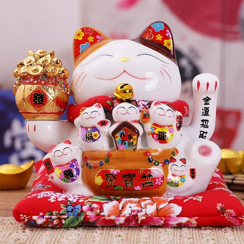 7.5inch Ceramic Beckoning Cat Maneki Neko Ornament Feng Shui Decoration Swing Lucky Cat