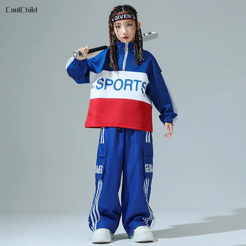 Boys Hip Hop Pullover Street Dance Cargo Pants Girls High Collar Sweatshirt Outfits Kids Jazz Sport Clothes Set Child Streetwear