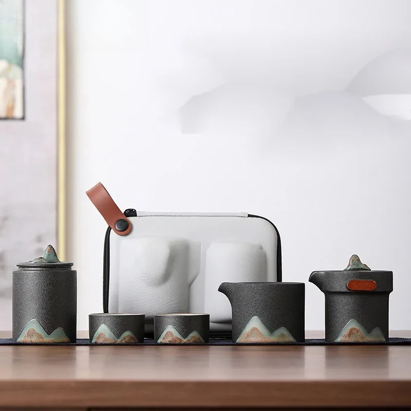 

Japanese Hand-painted Mountain Tea Set Kit Vintage Coarse Pottery Set of Cups Teapot and Cups Tea Making Outdoor Portable Bags