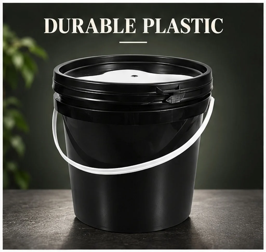 Black Plastic Paint Bucket Round Shape with Lid and Handle Easy Carry Spill Proof Paint Storage Container for Painting and