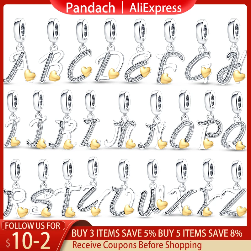 PANDACH-abalorio de plata de ley 925 con 26 letras del alfabeto, abalorio compatible con Pandora 925 Original, colgante de pulsera, joyería artesanal