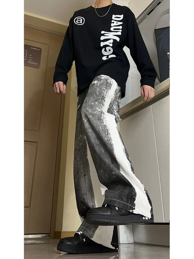 

Мужские джинсы с эффектом потертости и брызгами краски, прямого кроя, с цветными блоками, повседневные, молодежные, модные, длинные брюки