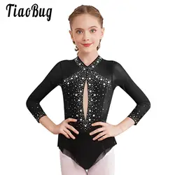 Kids Girls Rhinestones Color Block Rhythmic Gymnastics Dress Mesh Patchwork Leotard Skirted Bodysuit for Dancing Figure Skating