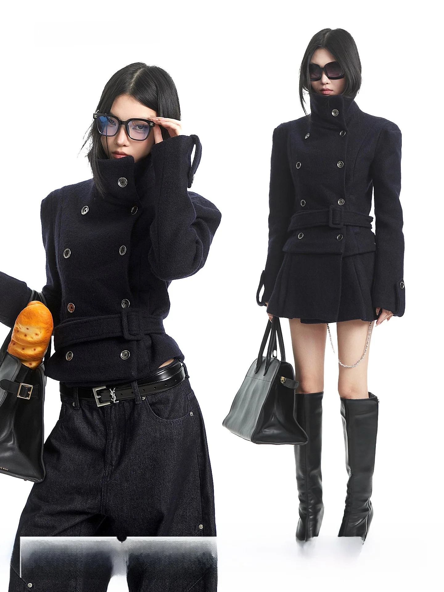 

UNCMHISEX Vintage k Blue Stand Collar Double Breasted Woolen ort Coat Women's Winter Waist Cinching Commute Outerwear