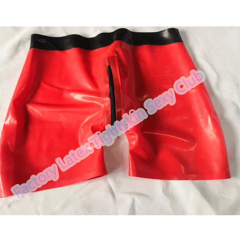 Red with Black Latex Panties Rubber Shorts with Crotch Zip for Men Wear