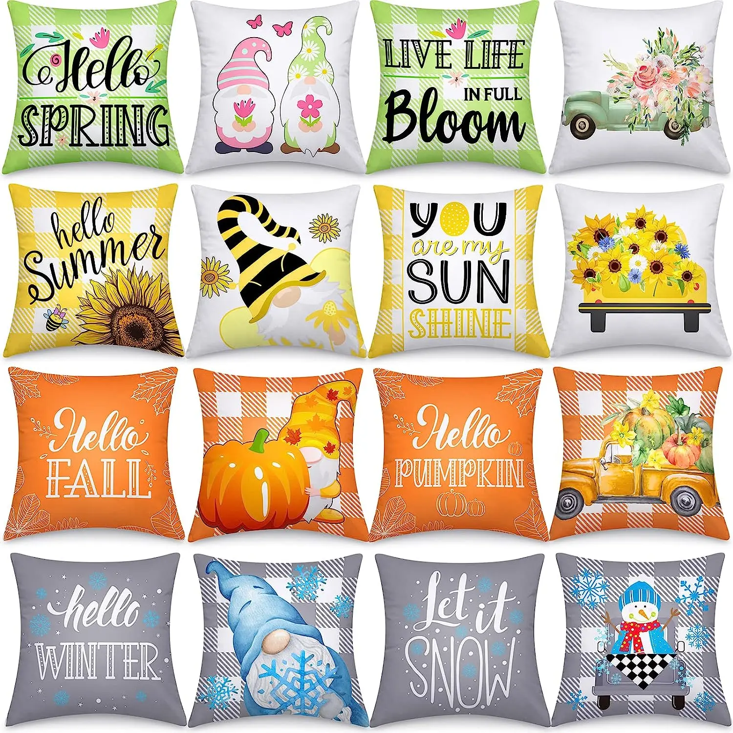 New 16 piece Spring/Summer/Fall/Winter Pillowcase 18 x 18 inch family cushion Cover Buffalo Plaid Flower Truck Sunflower Bee Pum