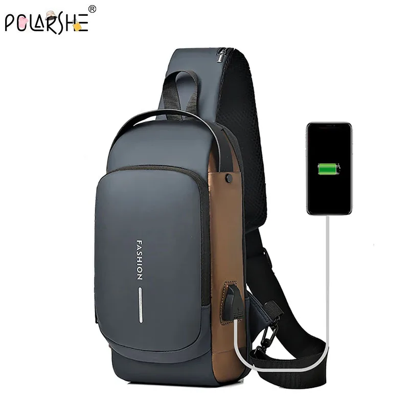 

Polarshe Men's USB Crossbody Bag Anti-Theft Shoulder Bags Waterproof Chest Bags Multifunction Short Travel Messenger Sling Pack