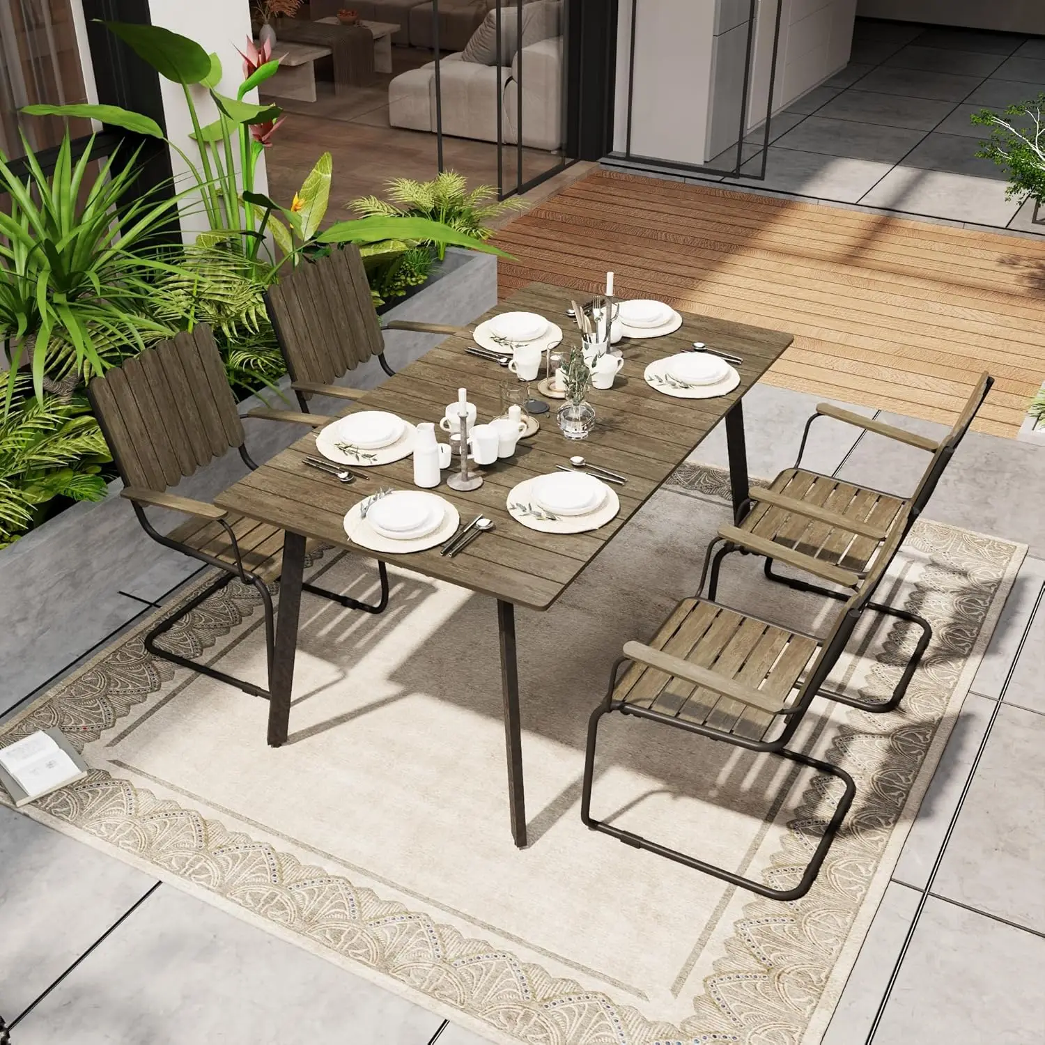 5 Piece All Weather HDPE Outdoor Patio Conversation Set   and Chairs with Umbrella Hole Gray Customized for Garden Porch Poo