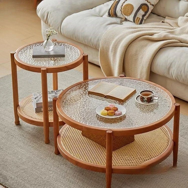 Coffee table table household solid wood rattan living room Changhong glass double-layer round small apartment ice flower storage