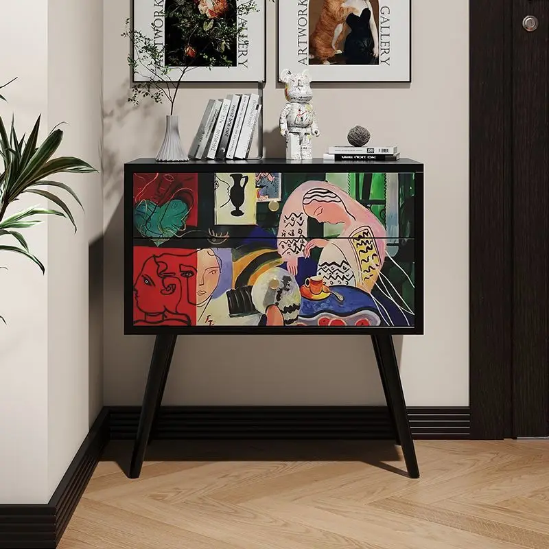 American light retro entrance cabinet, French painted flower and bird picture decorative drawer cabinet bedroom living room