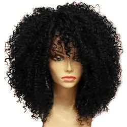 Afro Kinky Curly Hair Wigs With Bangs 16 Inch Soft Fluffy Synthetic Fiber Black Women Wigs For Party Cosplay Daily Use