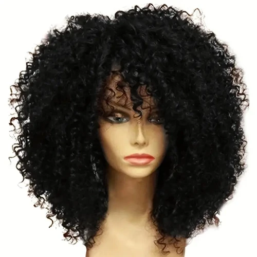 Pelucas de pelo rizado Afro con flequillo, pelucas de mujer negras de fibra sintética suave y esponjosa de 16 pulgadas para fiesta, Cosplay, uso diario