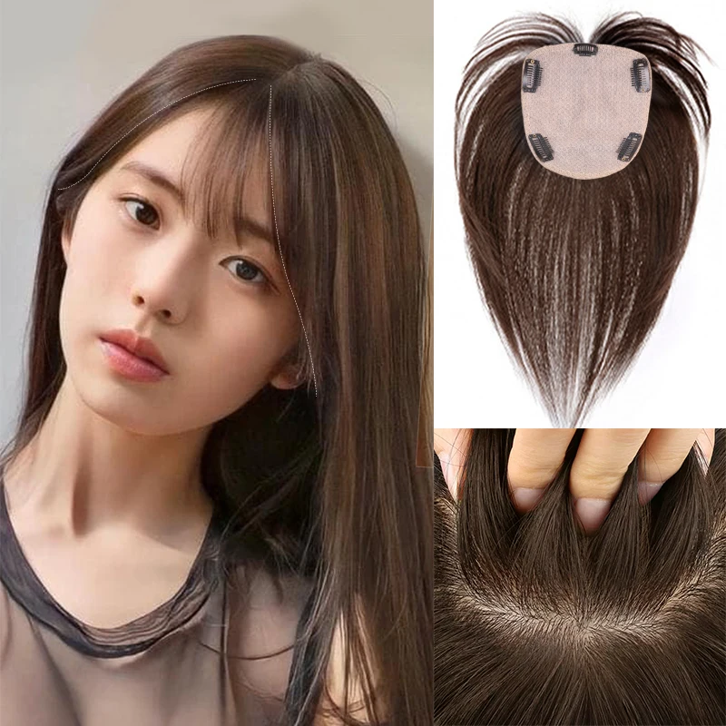 Human Hair Toppers Real Hair Topper with Bangs Swiss Base Clip In Bangs for Women with Thinning Hair Loss Hair Cover Gray Hair