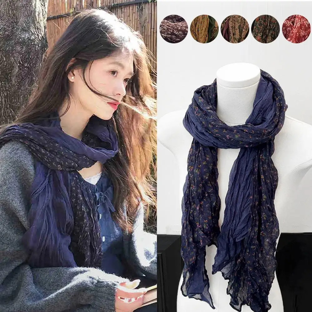 

Long Strip Scarf For Woman Thin Sunscreen Headscarf Small Floral Print Pleated Shawl Outdoor Cotton Linen Women's Scarf Winter