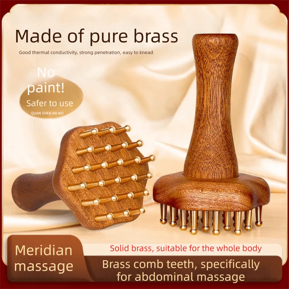 

Natural Wood Copper Massage Brush Long Wooden Handle Sturdy Rosewood Meridian Comb Multipurpose Brass Meridian Brush Full Body