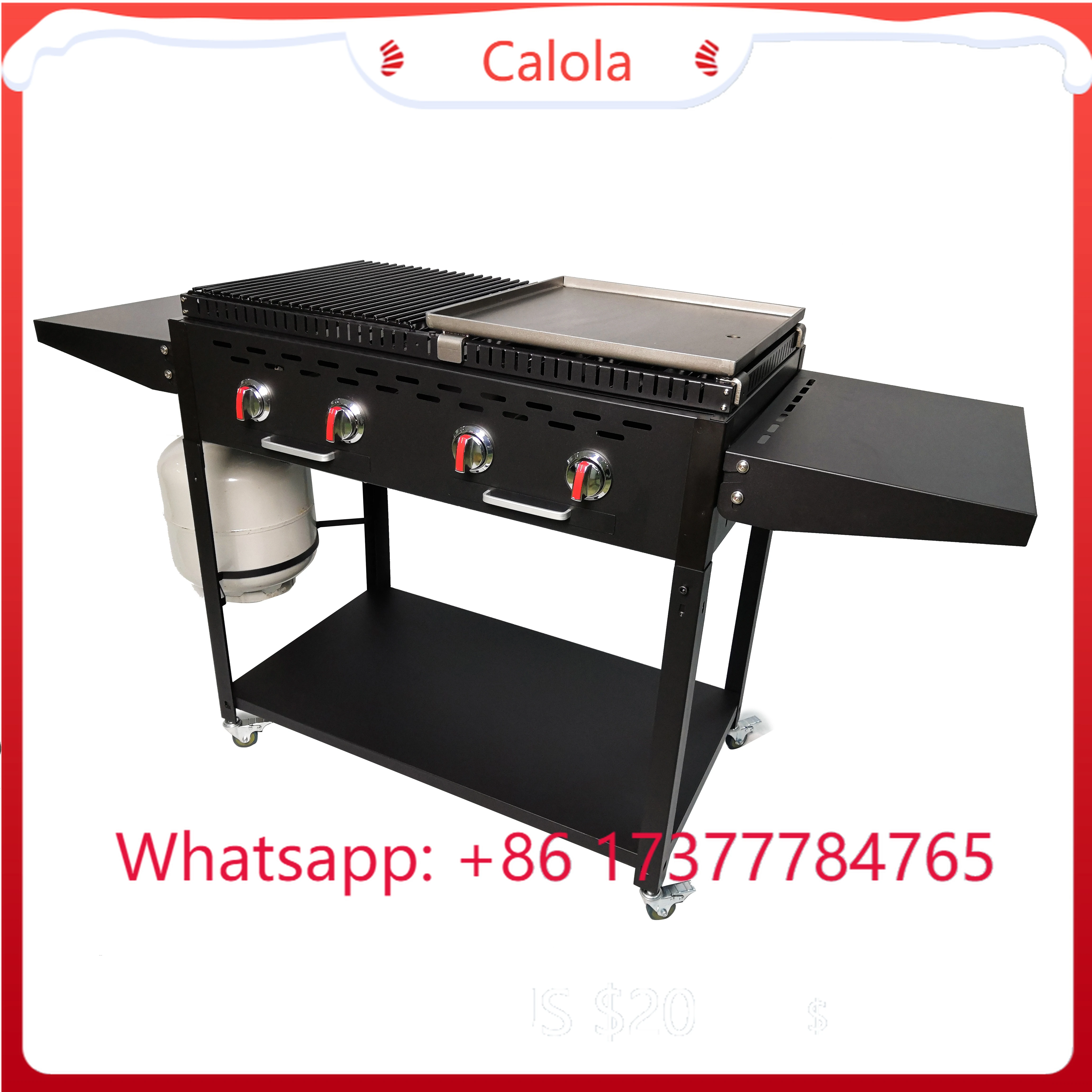 

Modern 4-Burner Commercial BBQ Grill Propane Griddle Trolley Powder Coated Steel Piezo Ignition