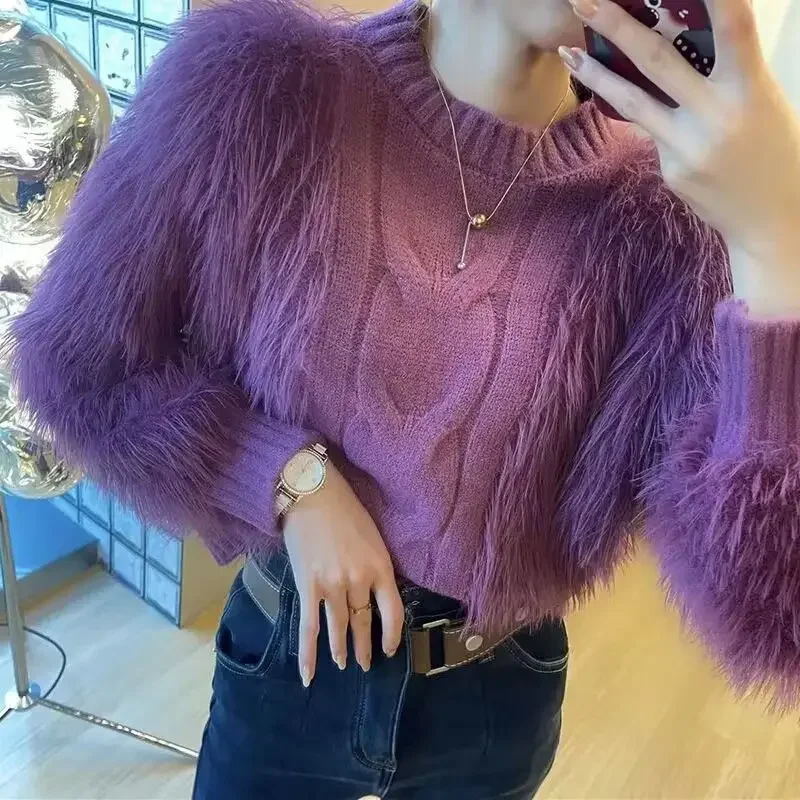 

Fashion O-Neck Solid Color Spliced Tassel Blouses Women's Clothing Winter Loose Knitted Korean Pullovers Commuter Shirts E90