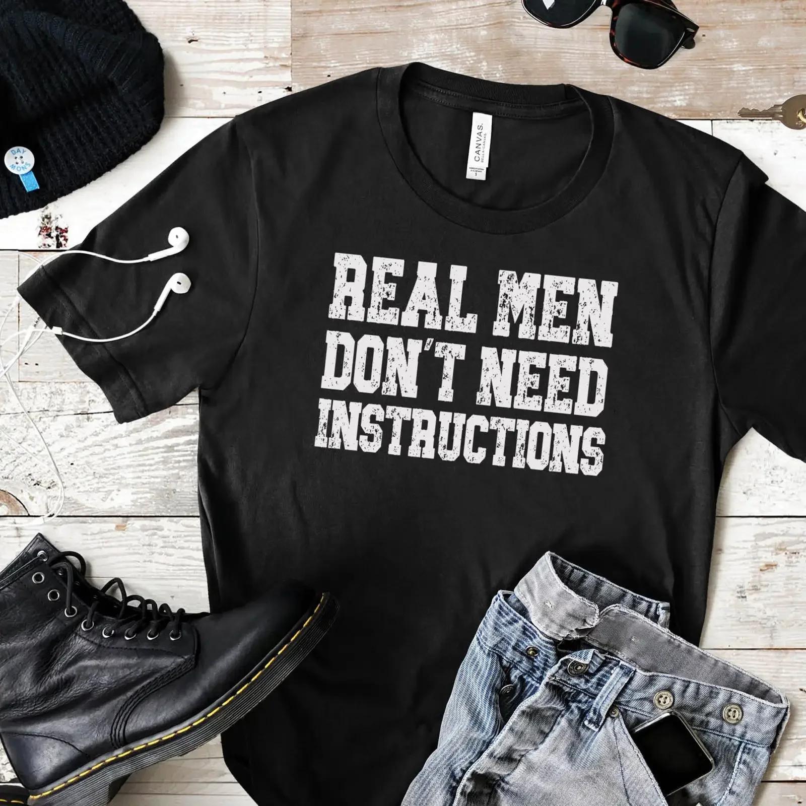 Real Men Don't Need Instructions T Shirt Manly Father's Day Funny Casual for Husband Dad Him vintage Washed fashion
