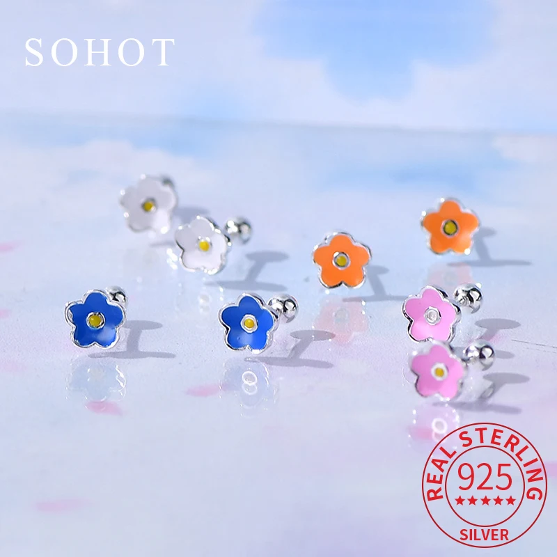 

Real 925 Sterling Silver Enamel Colorful Flower Piercing Screw Bead Mini Stud Earrings for Women Fine Jewelry Plant Accessories