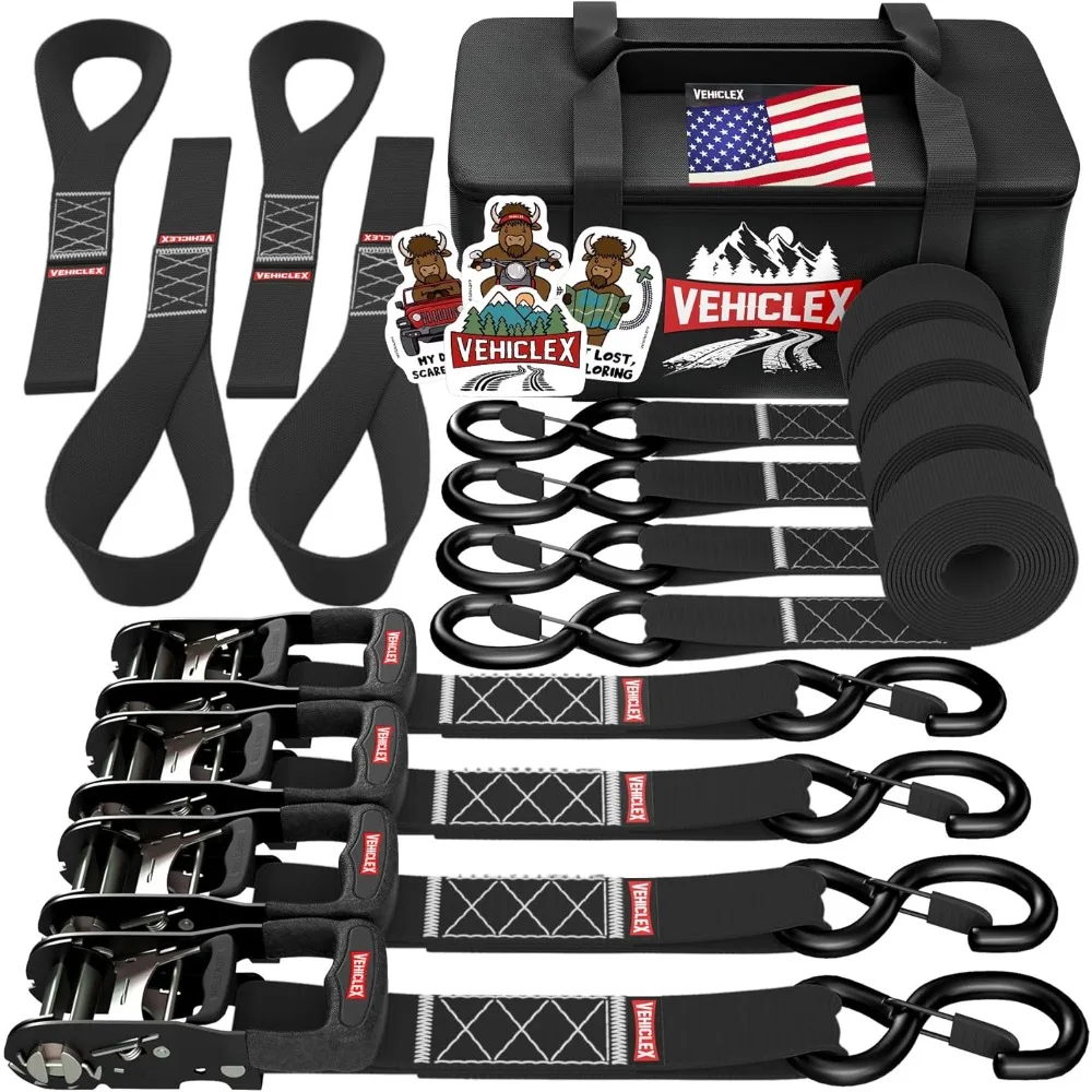 

Motorcycle Ratchet Tie Down Straps with Soft Loops - 4PK Heavy Duty Breaking Strength for Powersports, Black