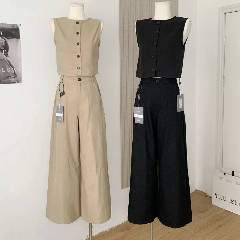 Setelan Dua Potong Wanita Musim Panas 2025 Fashion Korea: Rompi Tanpa Lengan Warna Solid dan Celana Lebar Pinggang Tinggi Pelangsing