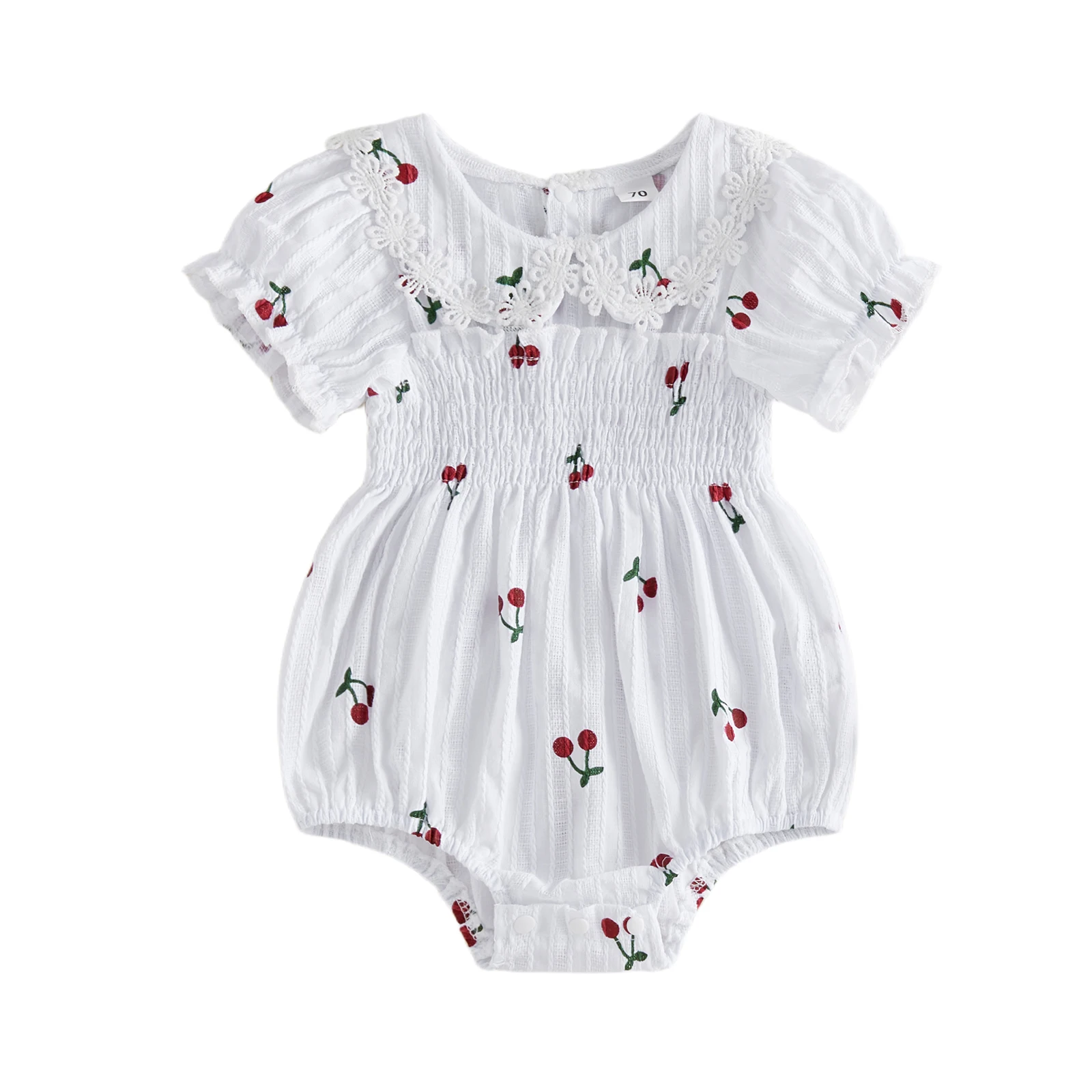 Mono de verano para niñas, adorable mono con estampado de cereza y sandía, mono de manga corta con cuello de muñeca