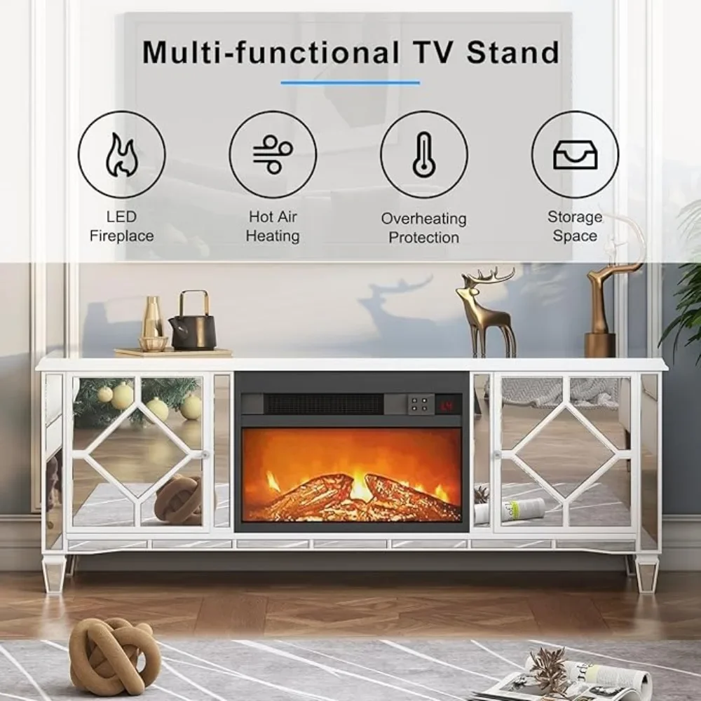 Mirrored TV Stand with Fireplace for 75+ inch TV, Silver Electric Fireplace Entertainment Center w/7 Colors Changing