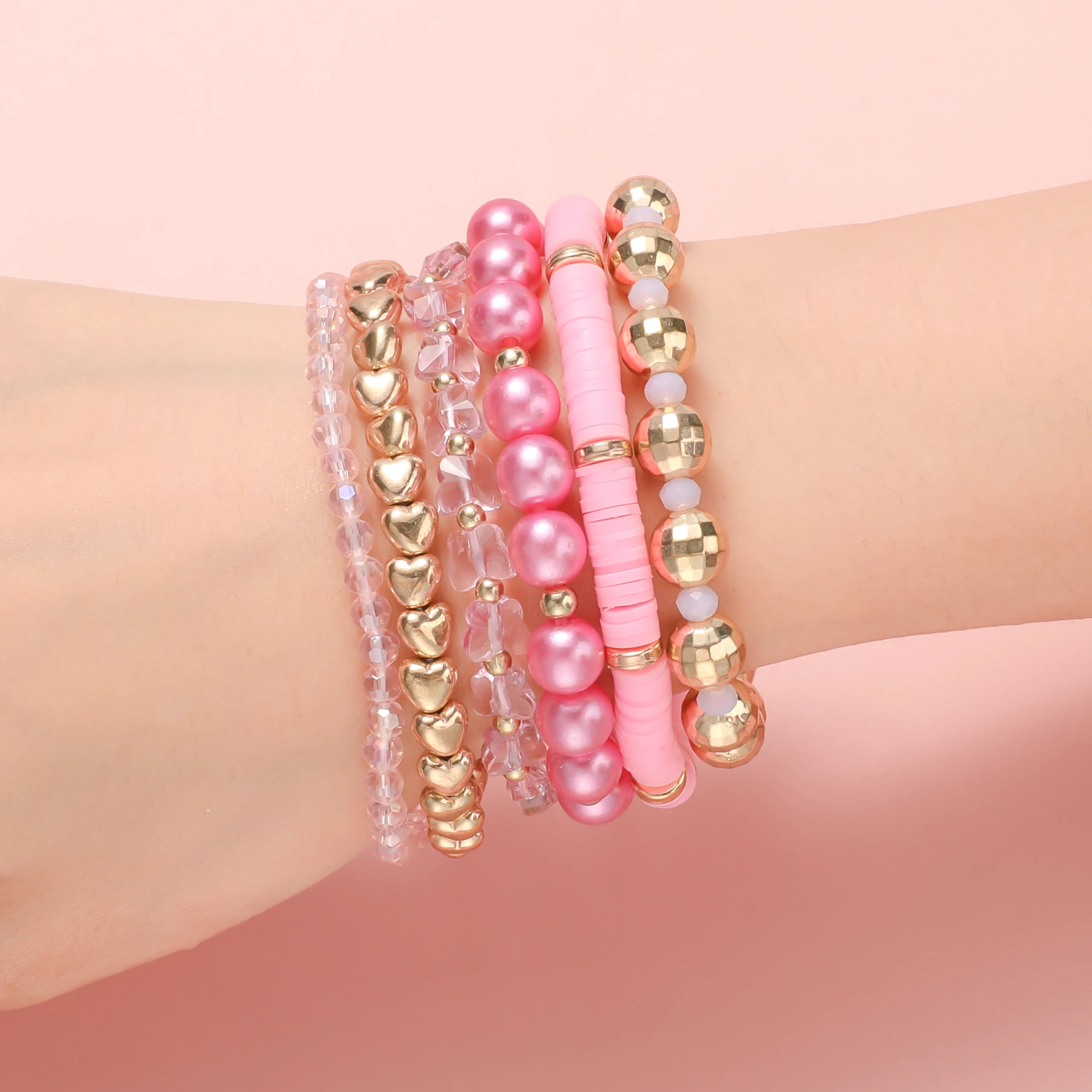 IDEAJOY 6Pcs/Set Butterfly Heart Charms Pink Beads Bracelets For Women Fashion Jewelry for Ladies Girls Trendy Beaded Bracelet