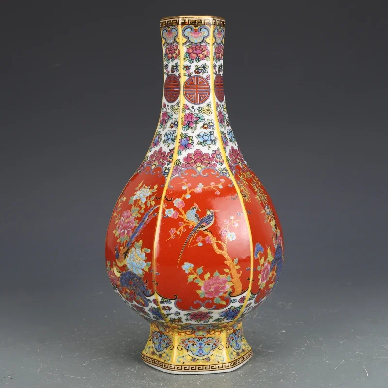 Jingdezhen porcelain ornaments Yongzheng enamel color hexagonal vase antique porcelain antiques porch dry flower vase