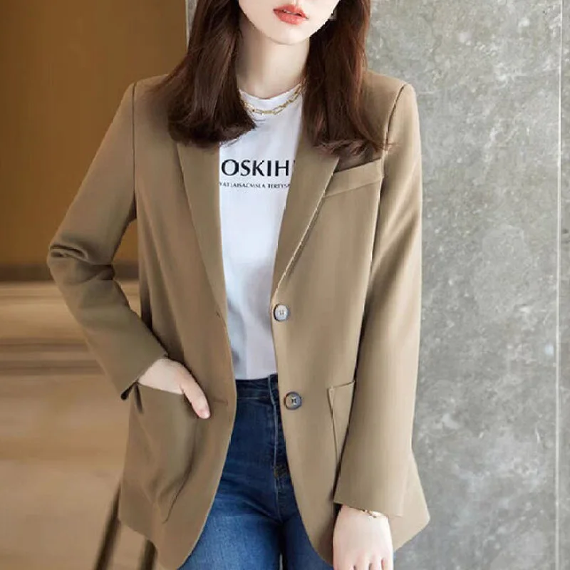 2023 Spring and Autumn Korean Edition Commuter Simple Loose Versatile Suit Collar Double Button Mid Length Solid Women's Suit
