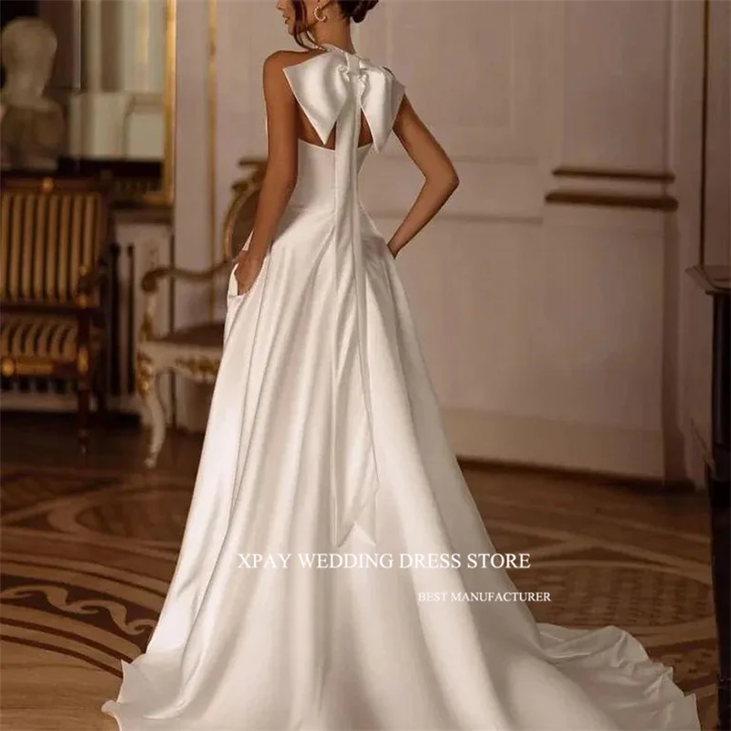 XPAY-Robe de Mariée en Satin à Col Haut, Ligne A, Perles Simples, Côté Fendu, Noeud dans le Dos, Patients, Quelle que soit la Robe de Noiva, Sur Mesure