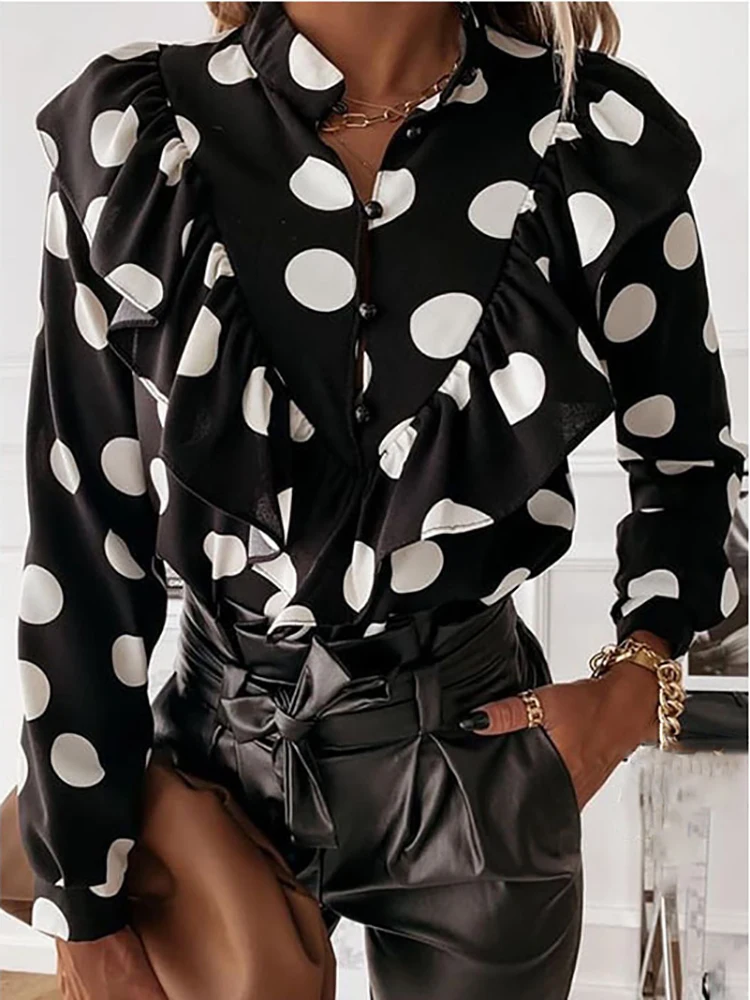 Women\'s Blouse Fashion Ruffle Long Sleeve Tops White Polka Dot Elegant Shirts & Blouses Youthful Woman Clothes 2023 New Arrivals