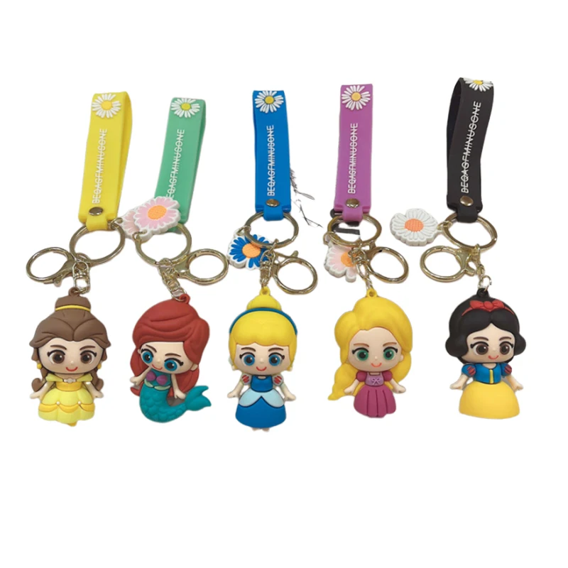 

Disney Princess Car Backpack Rapunzel Bag Pendant Snow White Rubber Key Chain Belle Keyring Children Gift Ariel Cartoon Keychain