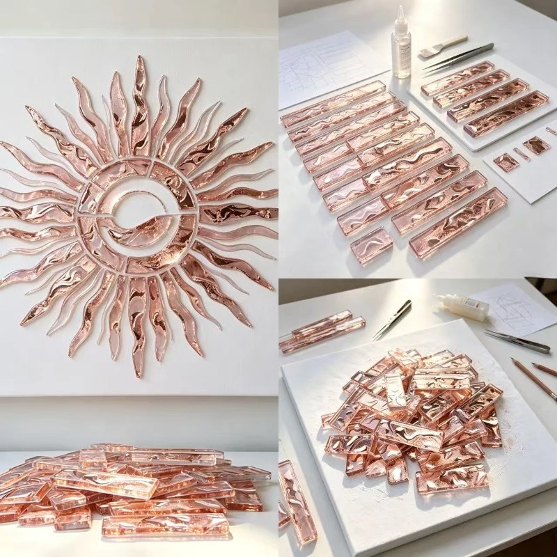 100/200g mosaic rose pink long strip craft iridescent textured glass tiles, featuring a classic romantic concave-convex texture, used for creating spatial mirror surfaces, home decoration, wall and bar counter decorati