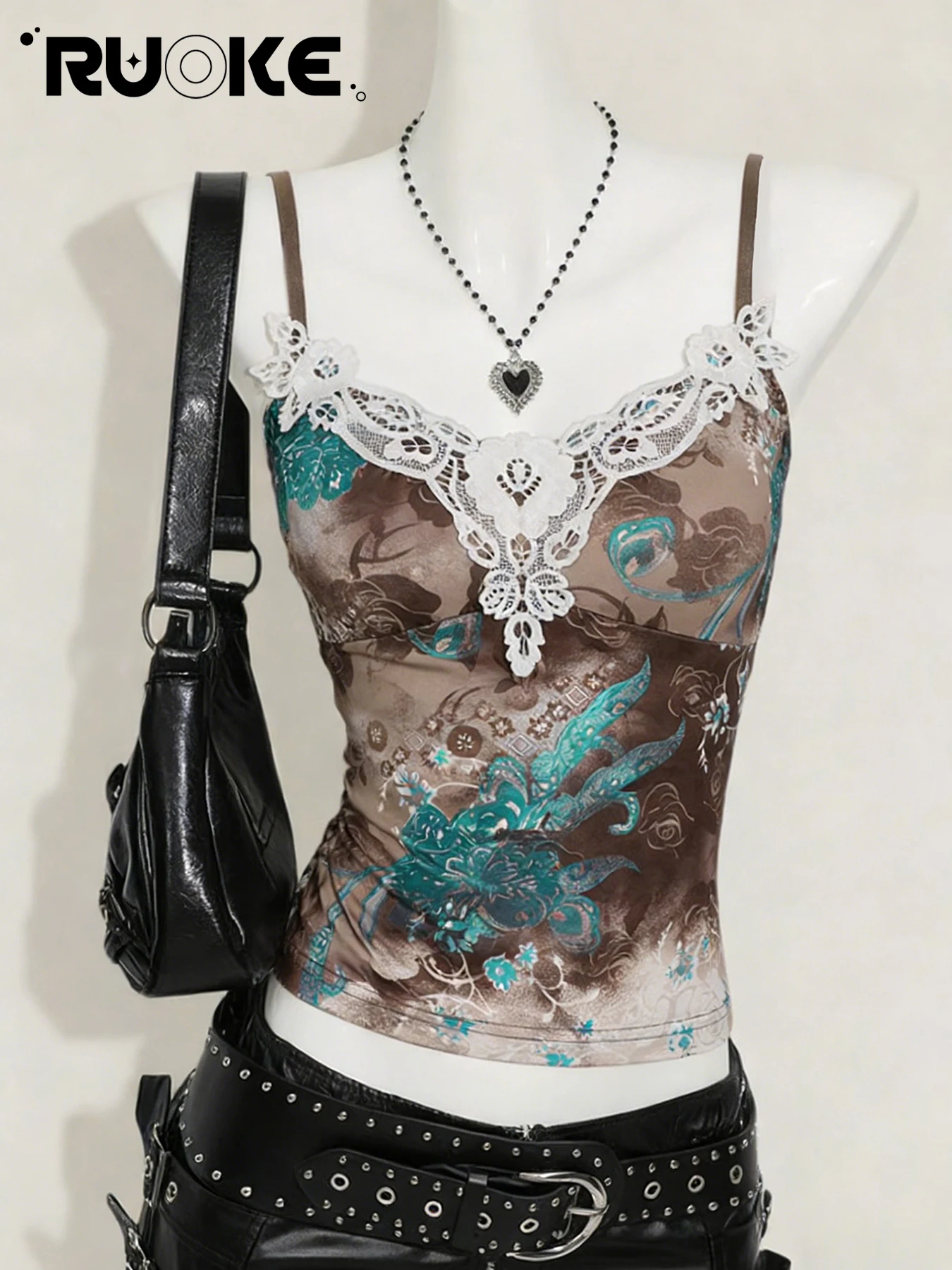 

[RUOKE] Y2K Retro Floral Printed Lace Cami Top Women Sexy Vintage Streetwear Slim Fit Tank Top Party Date Vacation Spring Summer