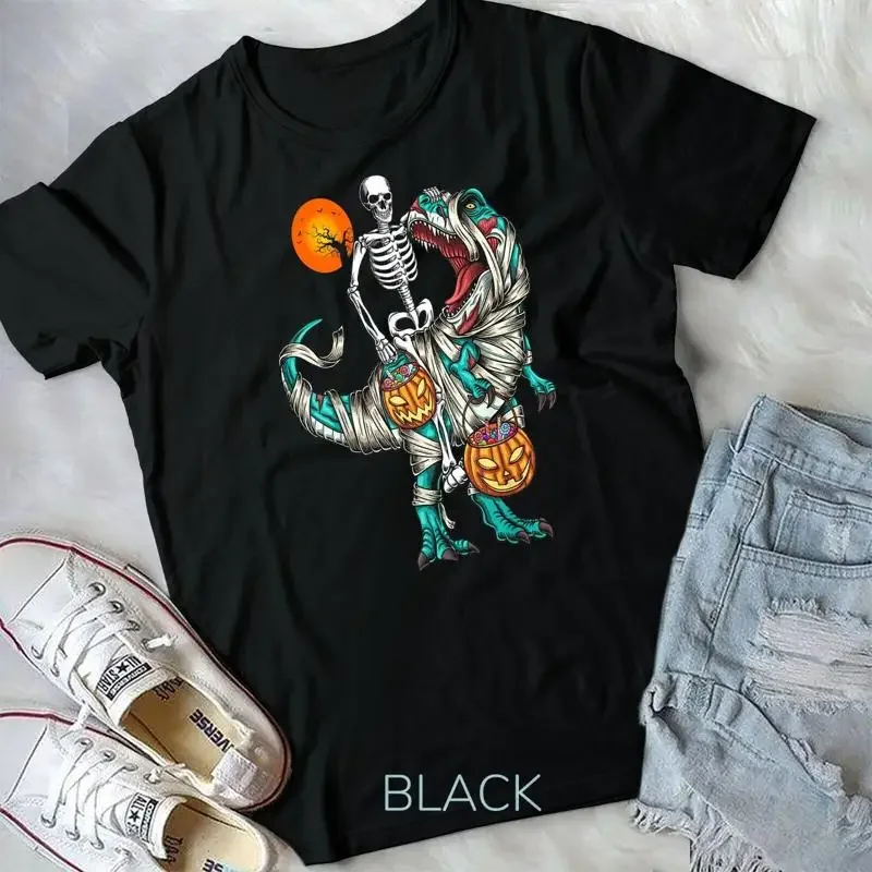 Halloween Skeleton Riding Mummy Dinosaur T rex Pumpkin Moon Unisex T shirt