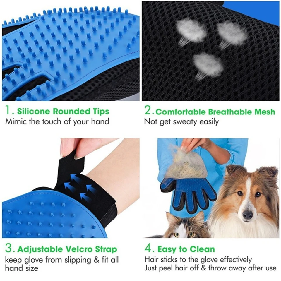 DualPet Pet Grooming Glove for Dog Cats Glove Pet Hair Deshedding Brush Comb Glove Pet Dog Cleaning Massage Glove Accessories