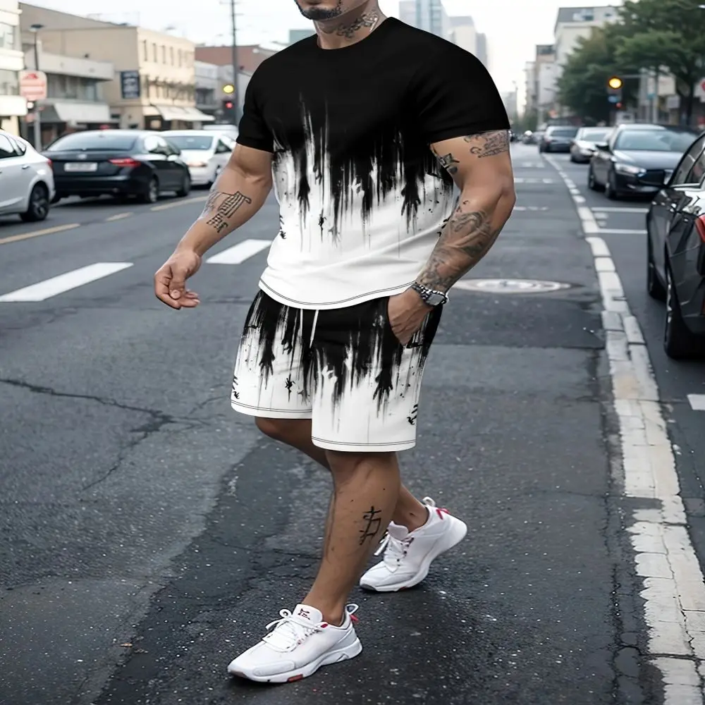 New color block + gradient T-shirt men\'s two-piece summer new shorts suit fashionable 3D printing street casual sportswear for m