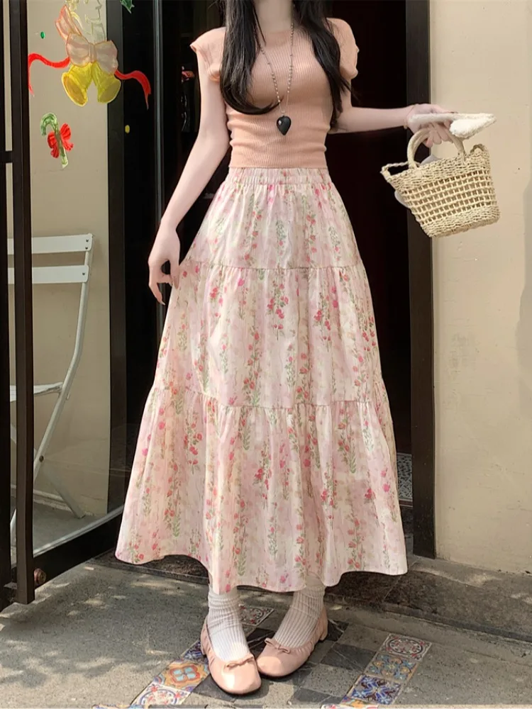 

Новая женская летняя юбка миди А-силуэта с цветочным принтом, на резинке, светло-розовая, повседневная, из полиэстера, для прогулок по городу