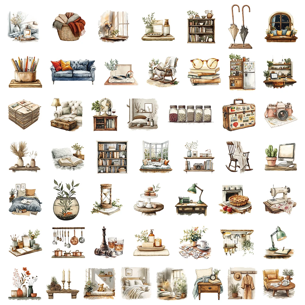 10/30/50pcs Vintage Cartoon Home Art Stickers Aesthetic Creative Decals Decorative Scrapbook Phone Transparent Graffiti Sticker