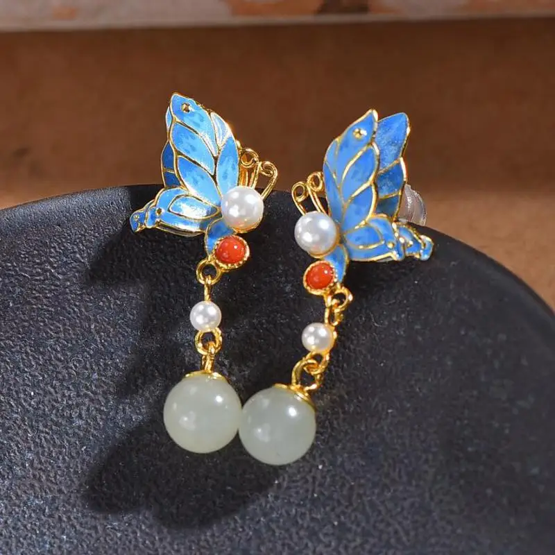 Genuine China Nephrite Stone 925 Silver Enamel Butterfly White Hetian Jade Round Beads Pendant Earrings Women Certified Jewelry