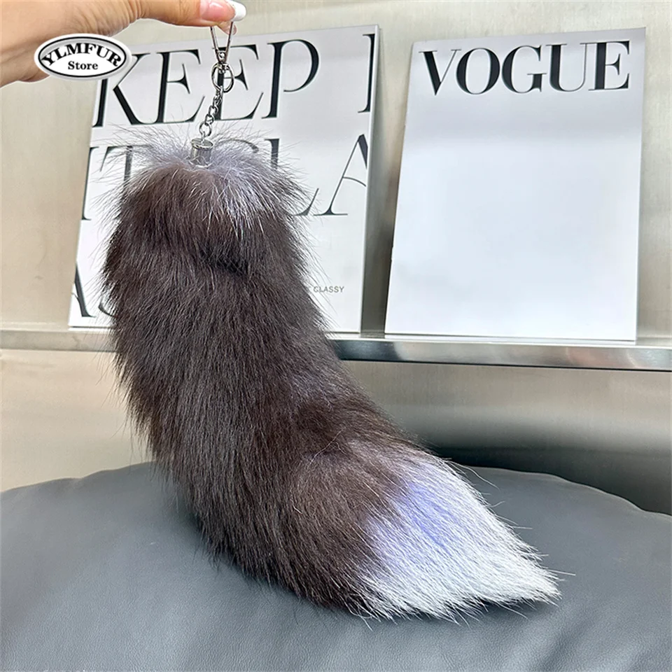 natural fox tail keychain furry 2024 chic y2k fox fur   keyring Car accessory length 40 cm furry fur tail keychains For Women