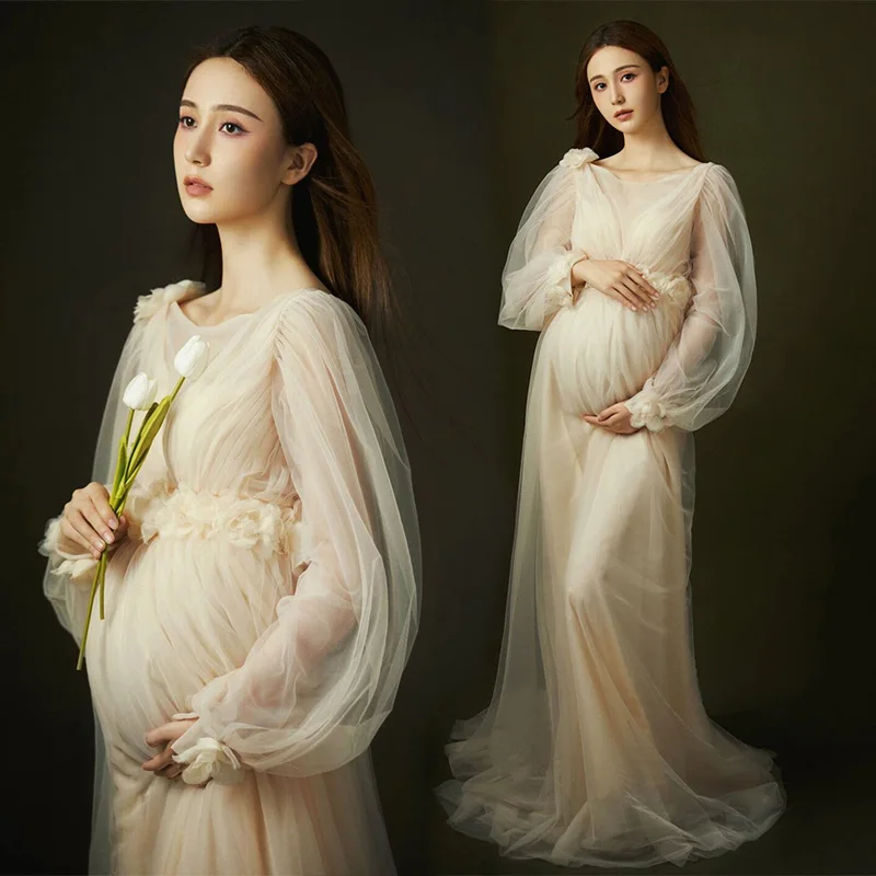 Women\'s Champagne Maternity Photo Shoot Long Sleeves Tulle Floral Pregnant Photography Props Long Mesh Maxi Dress