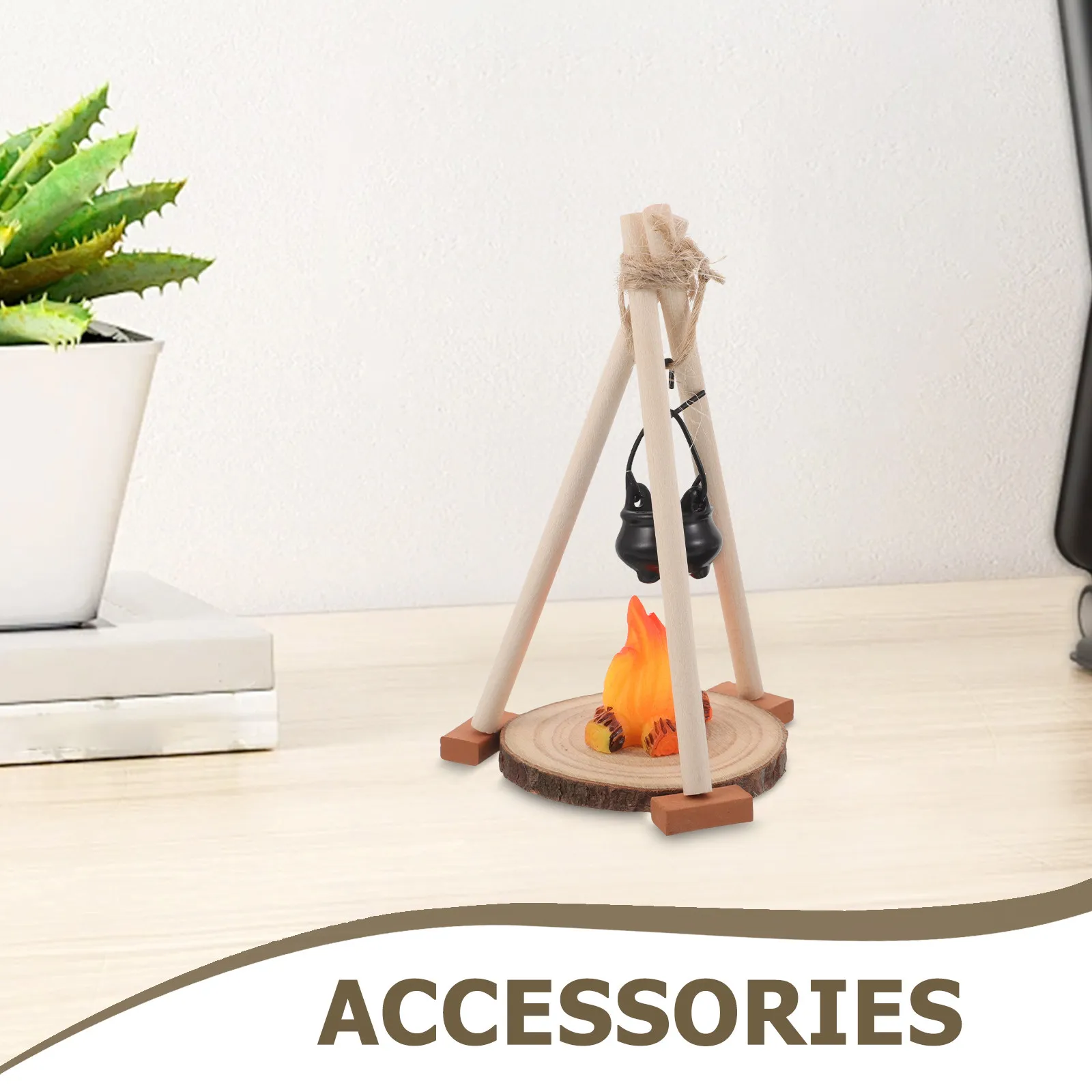 1Set Mini Tabletop Fire Pit Realistic Mini Bonfire Pit with Hanging Pot for Dollhouse Outdoor Scene Artificial Campfire Ornament